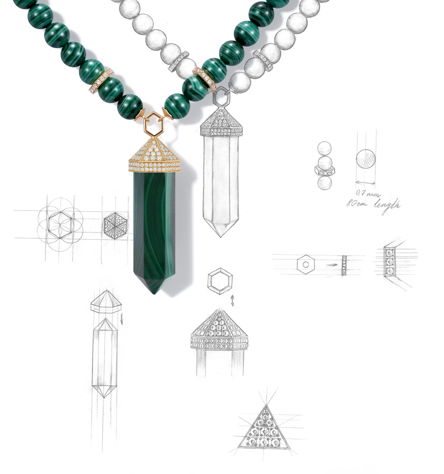 Drawing for Malachite geometrical beaded necklace