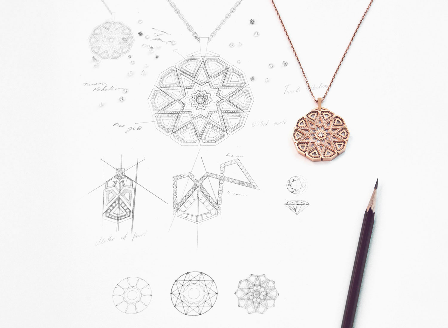 Hand-drawn illustration of a diamond necklace, showcasing intricate design and craftsmanship.