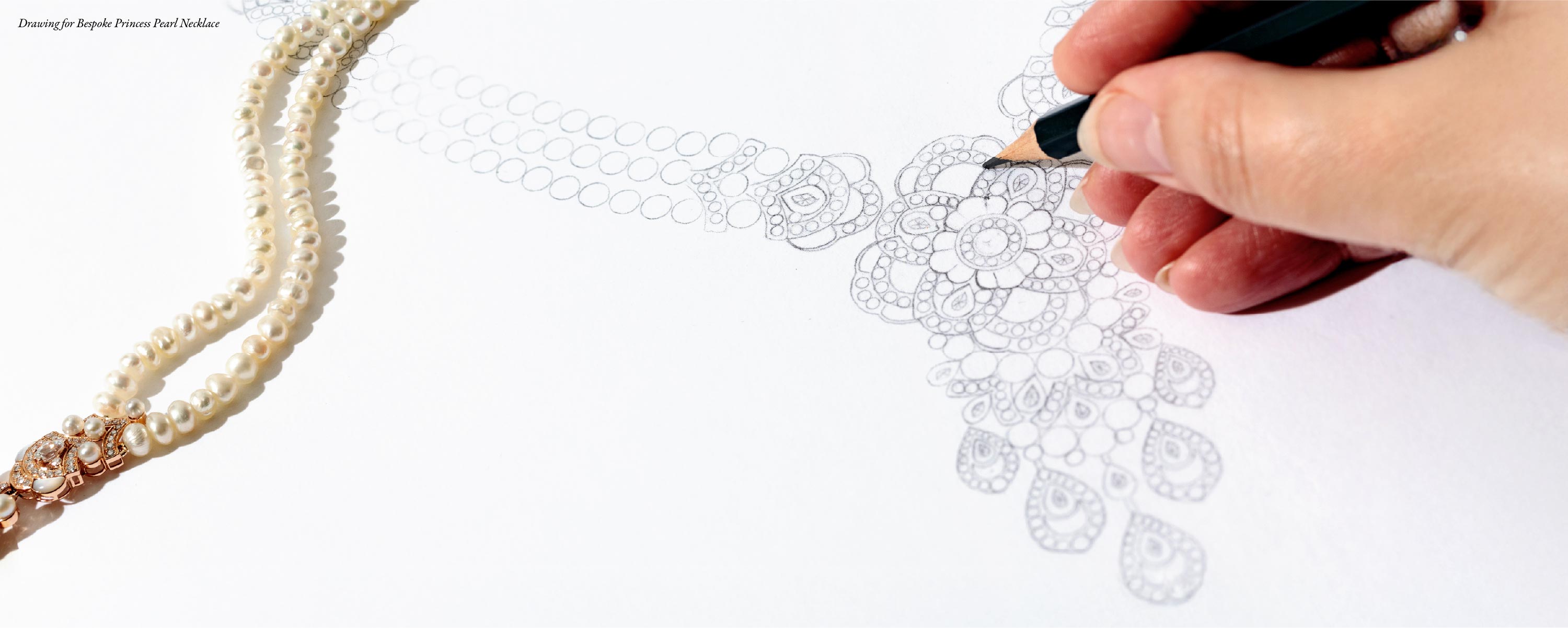 Hand-drawn pencil sketch of a pearl and diamond necklace, capturing intricate detailing, elegance, and the artistry of fine jewellery design.